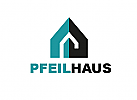 Zeichen, zweifarbig, Zeichnung, Signet, Immobilie, Haus, Bau, Handwerk, Pfeil, Logo