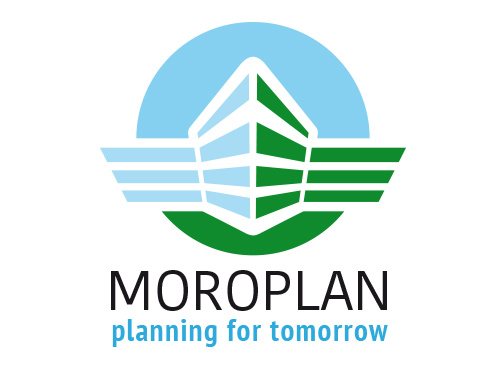 Moroplan, modernes Gebude in Perspektive in Landschaft Logo