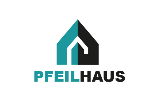 Zeichen, zweifarbig, Zeichnung, Signet, Immobilie, Haus, Bau, Handwerk, Pfeil, Logo