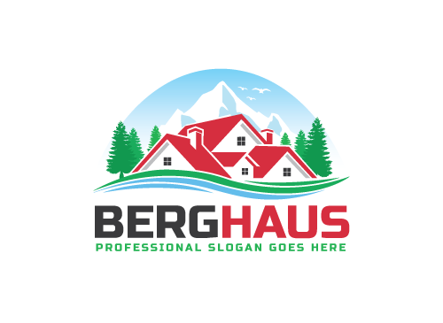 kologie, ko-Dorf, Haus, Immobilien, Berg, Dach, Dorf, Heim, Bergtourismus Logo