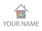 Zeichen, Zeichnung, Haus mit farbigen Linien, Wellen, Logo