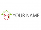 Zweifarbig, Zeichen, Zeichnung, Haus und Zwei Personen als Herz Logo